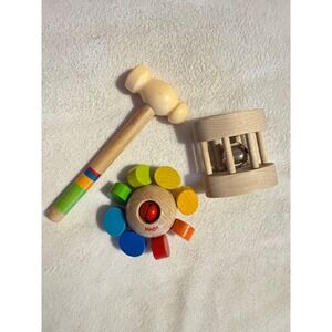 HABA Clutching Toy Whirlygig & Schoolhouse Naturals Wood Wooden Baby Jingle Bell